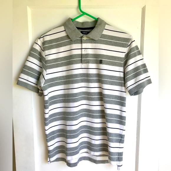 iZOD Classic Striped White and Gray Polo Shirt Mens size Medium - Picture 1 of 8